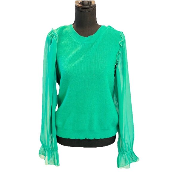 Versona Green Sweater With Sheer Puff Long Sleeves Size Large - Picture 1 of 3